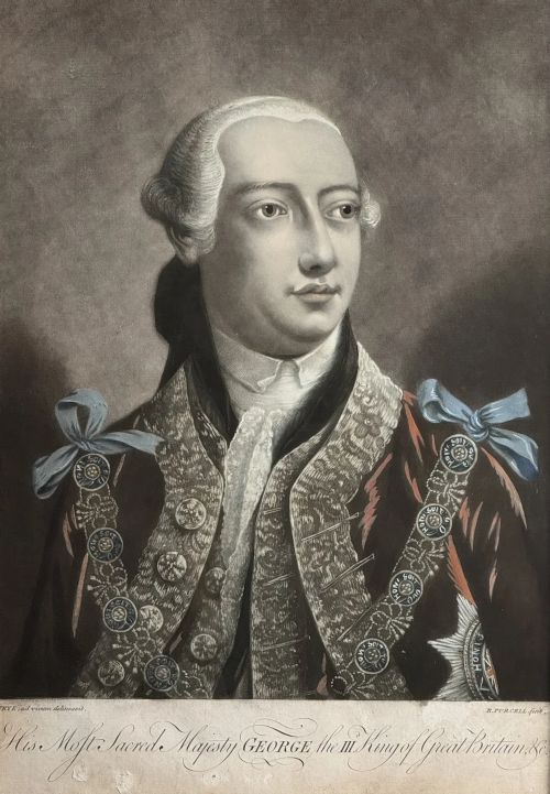 fig 3. A pair of 18th-century ebonised and gilt framed mezzotint portraits depicting King George III and Queen Charlotte.