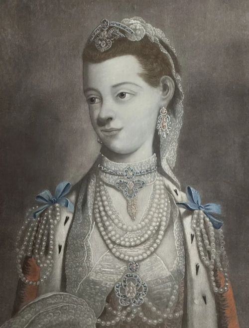 fig 4. A pair of 18th-century ebonised and gilt framed mezzotint portraits depicting King George III and Queen Charlotte.