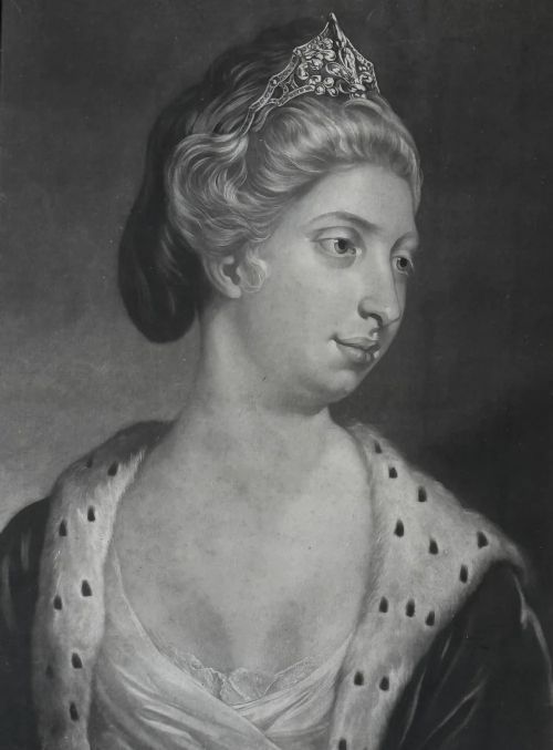fig 2. A framed monochrome Georgian mezzotint portrait depicting Princess Augusta of Brunswick, encased in a black ebonised frame with a gilded inner sight edge.