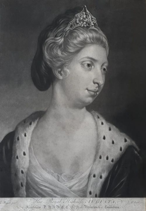 fig 3. A framed monochrome Georgian mezzotint portrait depicting Princess Augusta of Brunswick, encased in a black ebonised frame with a gilded inner sight edge.