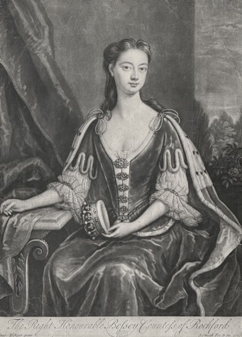 fig 3. An eighteenth-century monochrome mezzotint portrait depicting the Countess of Rochford set within an ebonised frame with a gilt inner slip.
