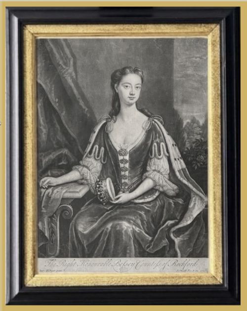 fig 1. An eighteenth-century monochrome mezzotint portrait depicting the Countess of Rochford set within an ebonised frame with a gilt inner slip.