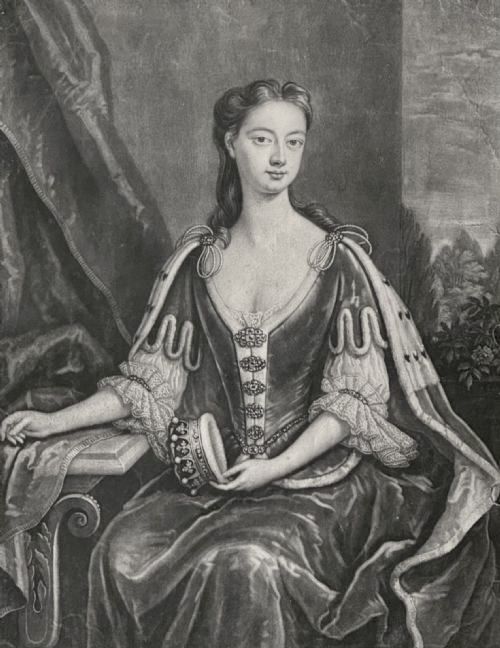 fig 2. An eighteenth-century monochrome mezzotint portrait depicting the Countess of Rochford set within an ebonised frame with a gilt inner slip.