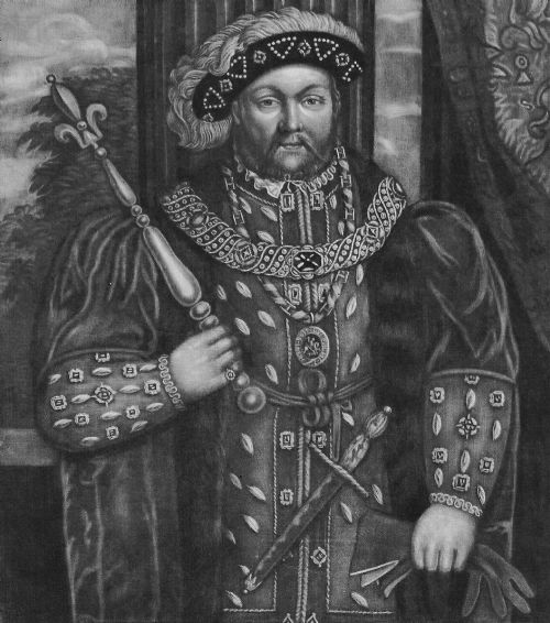 fig 1. A framed monochrome mezzotint portrait of King Henry VIII featuring a gilt inner slip mounted inside a black wooden frame.