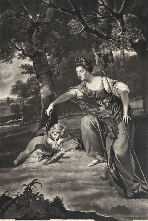 fig 1. A framed 18th-century monochrome mezzotint depicting a woman in classical drapery taking a bow from a sleeping child in a woodland landscape.