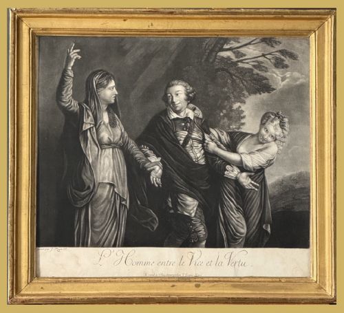 Mezzotint Portrait of David Garrick -  'L'homme Entre Le Vice Et La Virtue' by Jiohan Elis Haid After Sir Joshua Reynolds.
