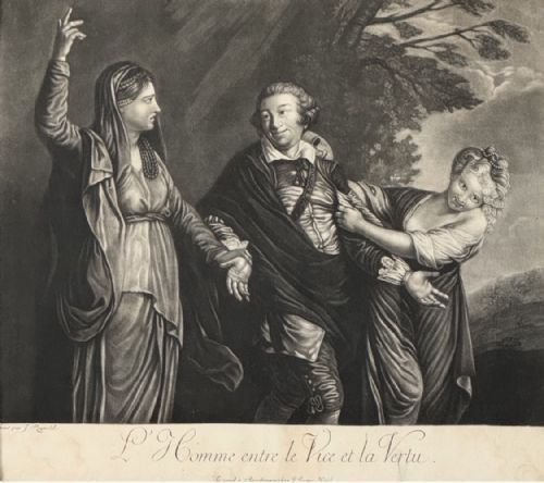 fig 1. A framed eighteenth-century monochrome mezzotint print depicting actor David Garrick flanked by two allegorical female figures representing Vice and Virtue, set within a gilded wooden frame.