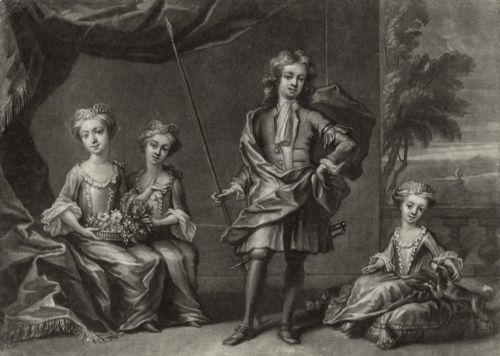 fig 1. A framed monochrome mezzotint print depicting children in eighteenth-century dress with an inscription beneath, mounted in a black wooden frame.