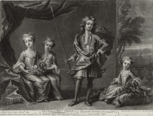 fig 3. A framed monochrome mezzotint print depicting children in eighteenth-century dress with an inscription beneath, mounted in a black wooden frame.