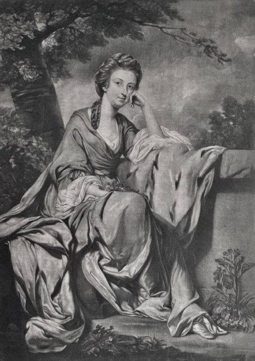 fig 1. An 18th-century monochrome mezzotint portrait depicting a woman seated in a flowing gown outdoors, framed in black wood with a white mount.