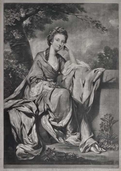 fig 2. An 18th-century monochrome mezzotint portrait depicting a woman seated in a flowing gown outdoors, framed in black wood with a white mount.