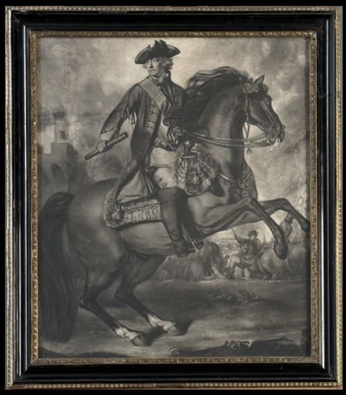 fig 1. An 18th-century monochrome equestrian mezzotint portrait showing a military officer mounted on a rearing horse, displayed in a dark molded frame with a thin gilt inner lip.