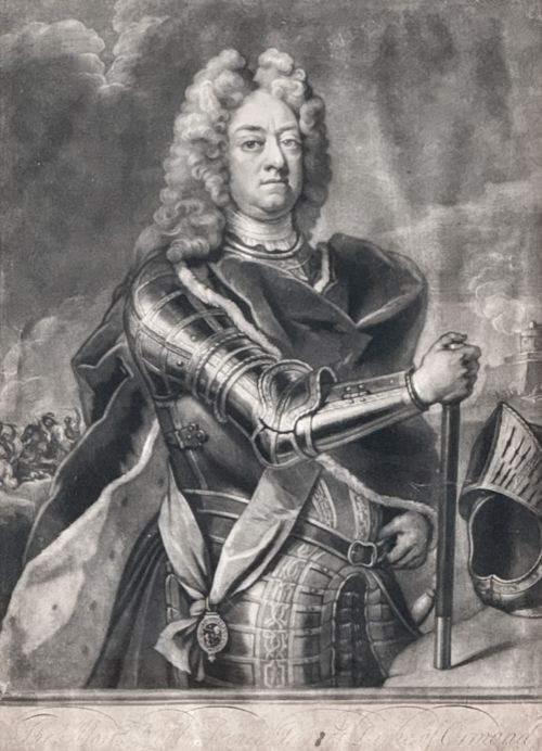 fig 2. A monochrome framed portrait print depicting a man in full military armour holding a baton.