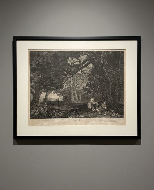 fig 1. A set of three vertically stacked monochrome 18th-century copperplate engravings depicting countryside shooting scenes in simple black frames.