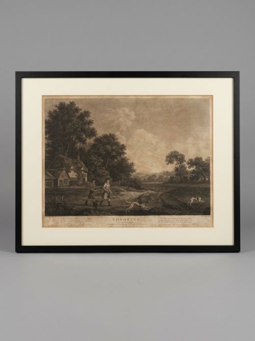 fig 2. A set of three vertically stacked monochrome 18th-century copperplate engravings depicting countryside shooting scenes in simple black frames.