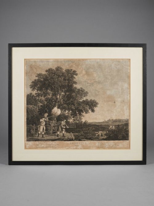 fig 3. A set of three vertically stacked monochrome 18th-century copperplate engravings depicting countryside shooting scenes in simple black frames.