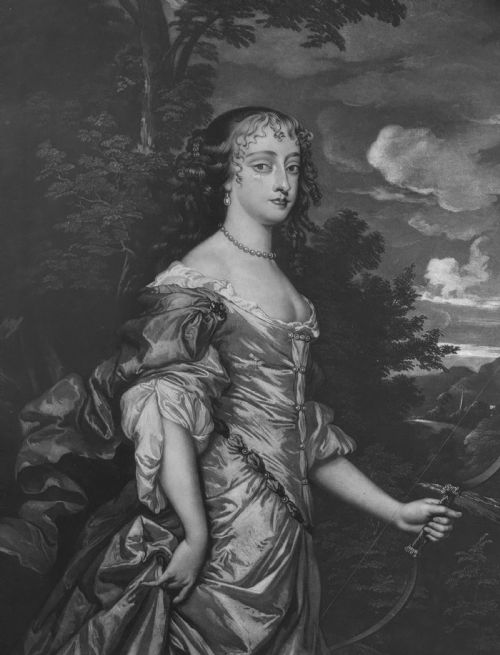 fig 1. A framed monochrome mezzotint portrait of a woman holding a bow in a landscape setting, housed in a black ebonised frame with a gilt inner slip.