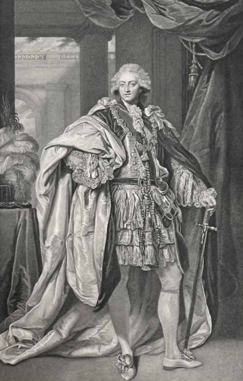 fig 1. A framed monochrome portrait engraving depicting King George III in full ceremonial robes standing beside heavy drapery.
