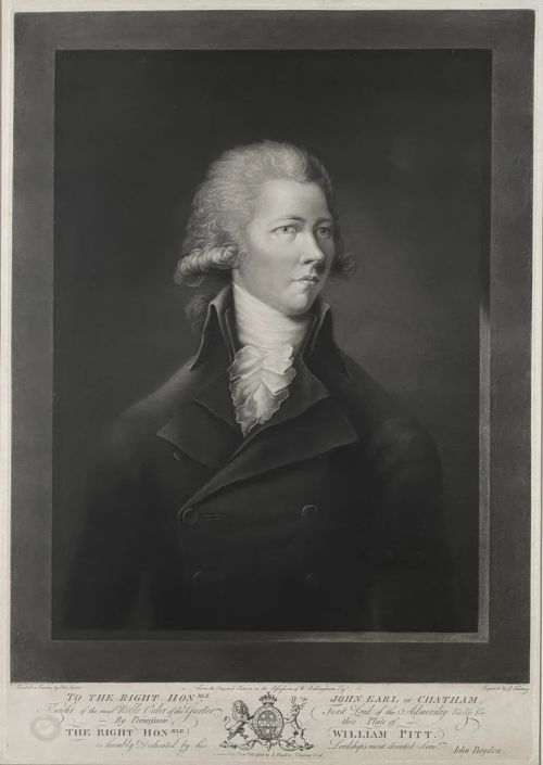 fig 1. A framed Georgian mezzotint portrait print depicting William Pitt the Younger set within a cream mount and a black moulding with gilt corner detail.