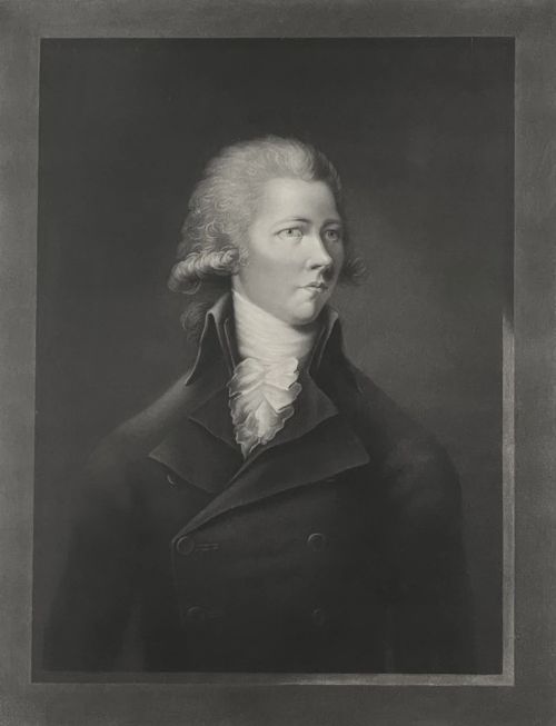 fig 2. A framed Georgian mezzotint portrait print depicting William Pitt the Younger set within a cream mount and a black moulding with gilt corner detail.