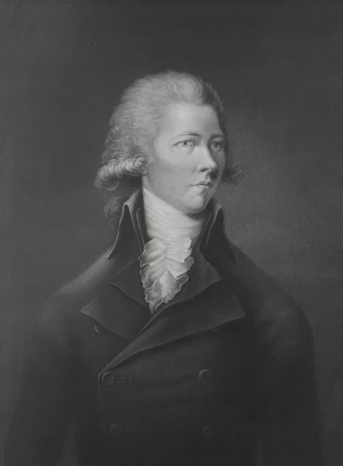 fig 3. A framed Georgian mezzotint portrait print depicting William Pitt the Younger set within a cream mount and a black moulding with gilt corner detail.