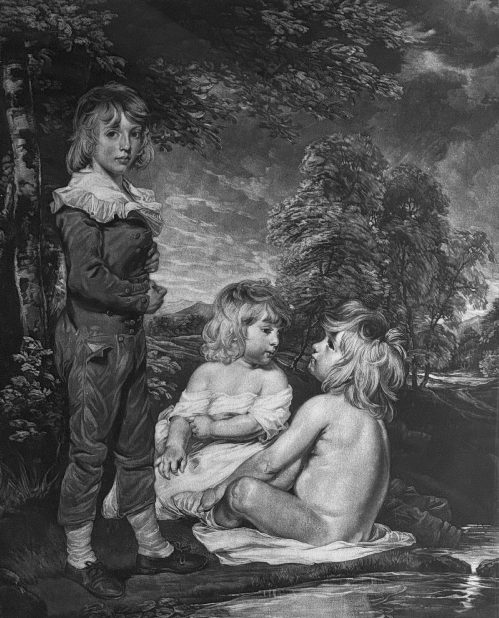 A framed monochrome antique mezzotint portrait depicting three children near a stream, housed within a dark painted frame with gilded corner accents. View III