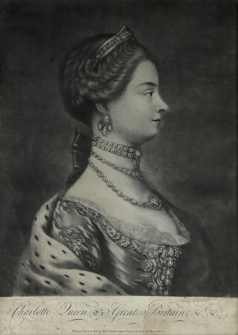 A framed 18th-century profile portrait mezzotint of Queen Charlotte set within a black outer frame and gilded inner slip. View IV