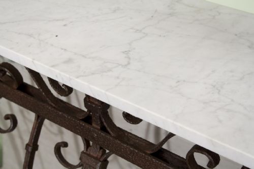 RECLAIMED ANTIQUE FRENCH RAILING CONSOLE TABLE WITH MARBLE TOP - ADDITIONAL PHOTO 1