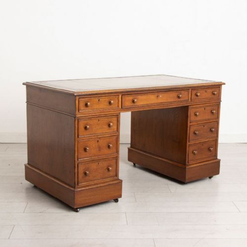 late victorian oak pedestal desk with green leather top c1880 - CATEGORY: ANTIQUE DESKS - DATED 1880