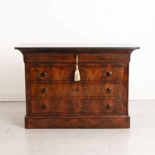 antique french flame mahogany chest of drawers with grey marble top c1870 - CATEGORY: ANTIQUE CHEST OF DRAWERS - DATED 1870