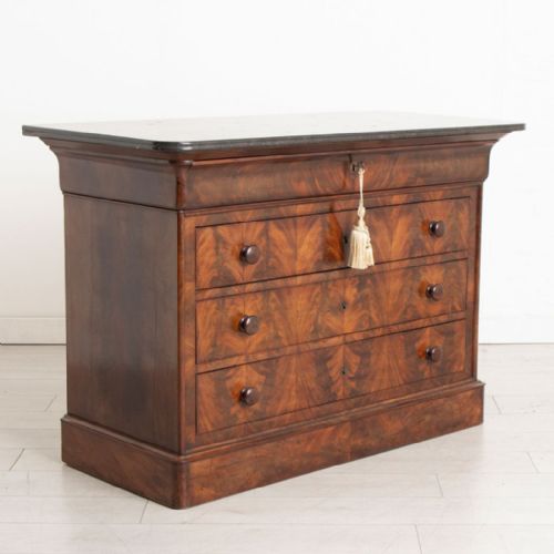 ANTIQUE FRENCH FLAME MAHOGANY CHEST OF DRAWERS WITH GREY MARBLE TOP C1870 - ADDITIONAL PHOTO 1