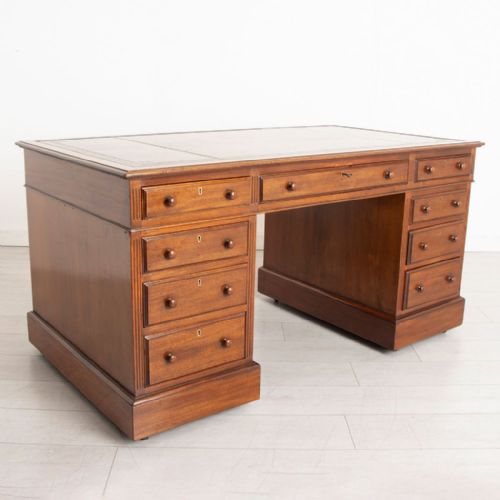 victorian mahogany pedestal desk with tan leather top c1890 - CATEGORY: ANTIQUE DESKS - DATED 1890