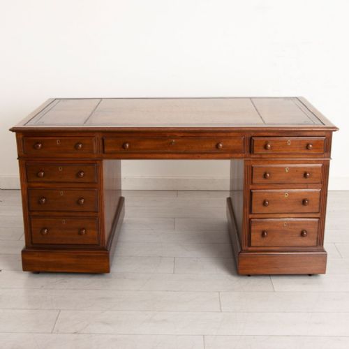 VICTORIAN MAHOGANY PEDESTAL DESK WITH TAN LEATHER TOP C1890 - ADDITIONAL PHOTO 1