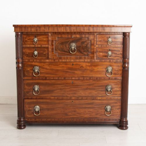 regency mahogany oak lined chest of drawers with brass lion head handles c1820 - CATEGORY: ANTIQUE CHEST OF DRAWERS - DATED REGENCY