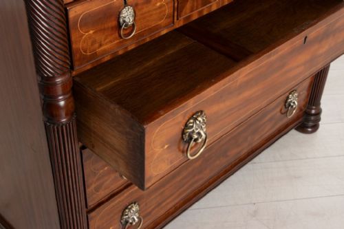 REGENCY MAHOGANY OAK LINED CHEST OF DRAWERS WITH BRASS LION HEAD HANDLES C1820 - ADDITIONAL PHOTO 2
