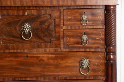 REGENCY MAHOGANY OAK LINED CHEST OF DRAWERS WITH BRASS LION HEAD HANDLES C1820 - ADDITIONAL PHOTO 4