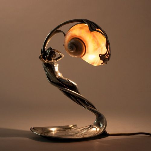 austrian art nouveau electroplated figural table lamp with nautilus shell shade by moritz hacker - CATEGORY: ANTIQUE LIGHTING - DATED 1920