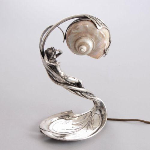 AUSTRIAN ART NOUVEAU ELECTROPLATED FIGURAL TABLE LAMP WITH NAUTILUS SHELL SHADE BY MORITZ HACKER - ADDITIONAL PHOTO 2