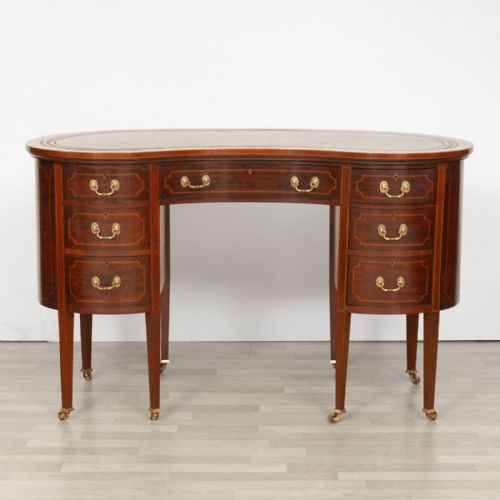VICTORIAN MAHOGANY INLAID KIDNEY SHAPED DESK WITH LEATHER TOP - ADDITIONAL PHOTO 1