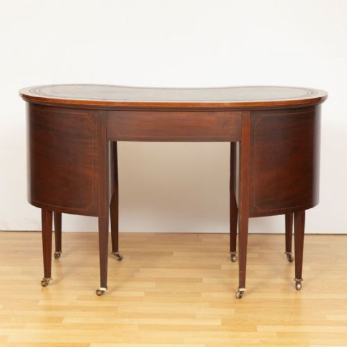 VICTORIAN MAHOGANY INLAID KIDNEY SHAPED DESK WITH LEATHER TOP - ADDITIONAL PHOTO 2