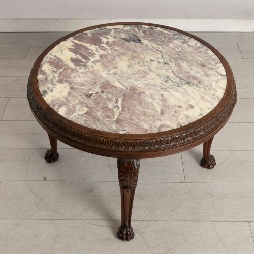 FRENCH WALNUT ROUND COFFEE TABLE WITH MARBLE TOP - ADDITIONAL PHOTO 1
