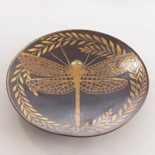 GERMAN JUGENDSTIL BRASS INLAID WOOD ABALONE SHELL EYES DRAGONFLY DISH BY ERHARD C1910 - ADDITIONAL PHOTO 1