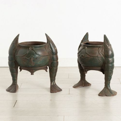 PAIR OF ANTIQUE CAST IRON PLANTERS IN THE FORM OF SHRIMP C1900