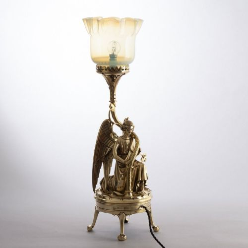 Late Victorian Gothic Revival Angel Lamp in Brass & Vaseline Glass