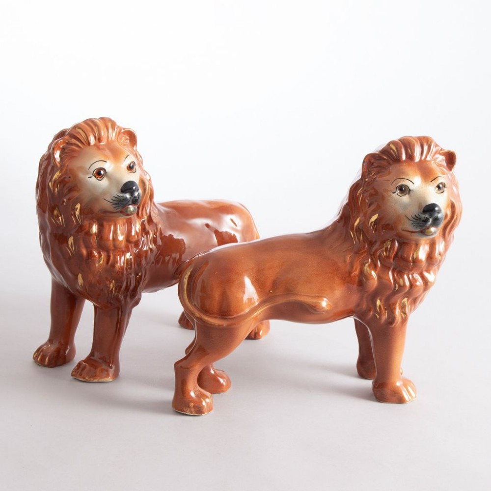 Pair of Late 19th Century Ceramic Lions, British c.1890