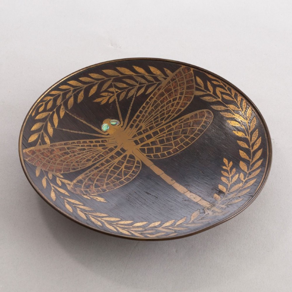 German Jugendstil Brass Inlaid Wood & Abalone Shell Eyes Dragonfly Dish by Erhard c.1910