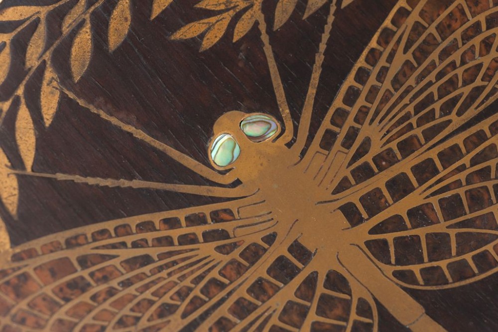 German Jugendstil Brass Inlaid Wood & Abalone Shell Eyes Dragonfly Dish by Erhard c.1910 View IV