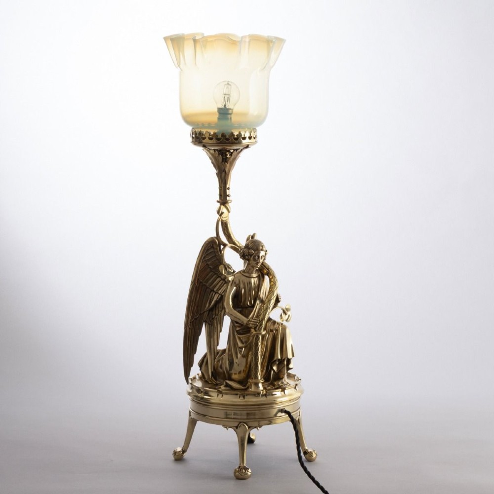 Late Victorian Gothic Revival Angel Lamp in Brass & Vaseline Glass