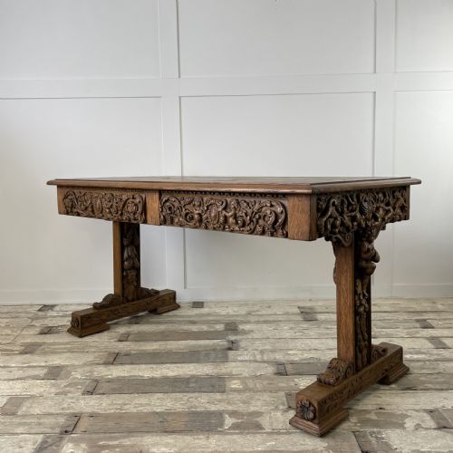 19TH C CARVED OAK LIBRARY TABLE - ADDITIONAL PHOTO 4