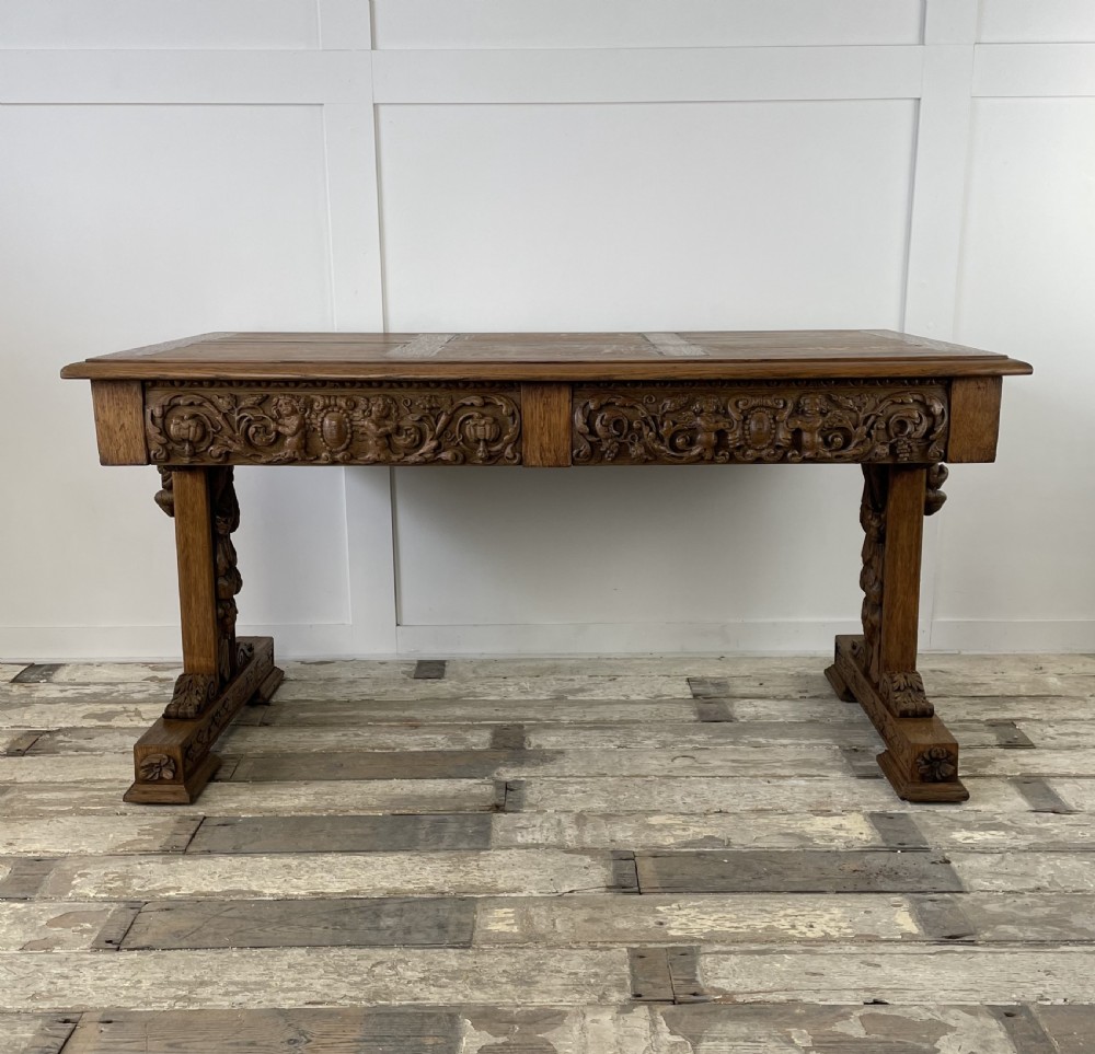 19th C. Carved Oak Library Table